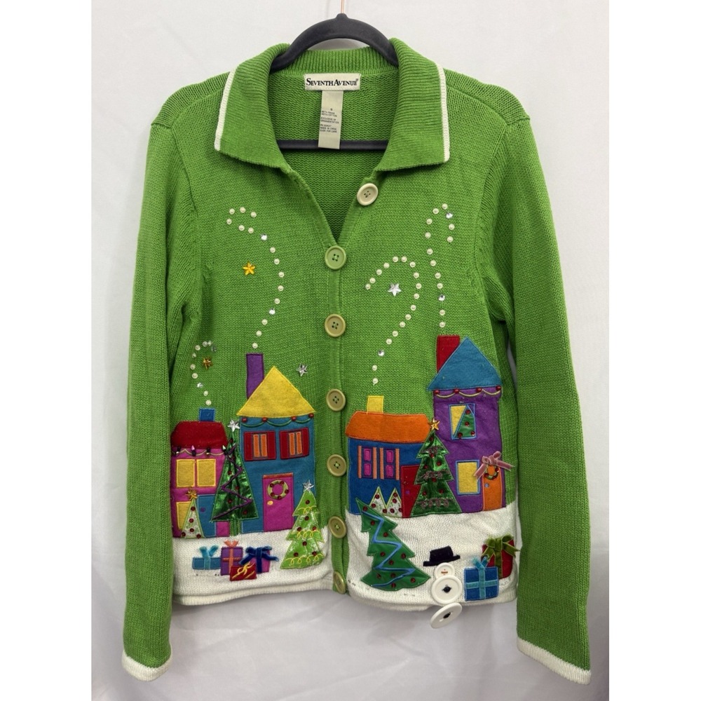 VTG Seventh Avenue Green Christmas Embroidered Cardigan‎ Womens Size S - *FLAW*